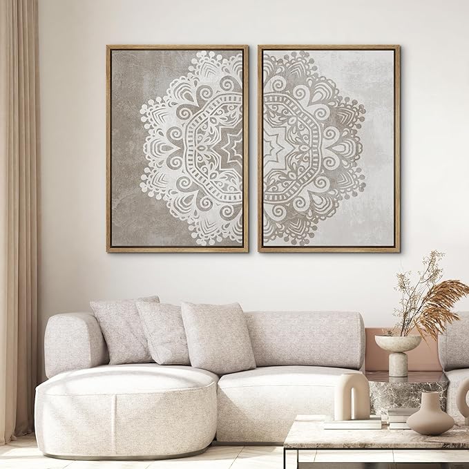 SIGNWIN Framed Canvas Print Wall Art Set Duotone Cultural Indian Mandala Pattern Abstract Shapes Illustrations Modern Art Minimal Boho Relax/Calm for Living Room, Bedroom, Office - 24"x36"x2 Natural