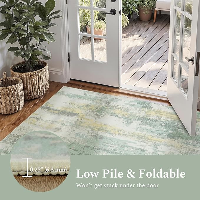 Rugflix 5x7 Area Rugs for Living Room, Washable Large Rug Stain-Resistant Low Pile, Modern Carpet for Dining Room Home Office Kid Room Nursery Bedroom, Light Green