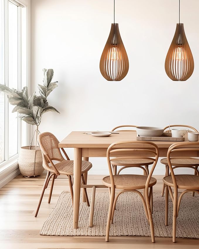 DEZAART Wooden Pendant Light Mid-Century Modern – Unique Design for Living Rooms, Kitchens, and Offices