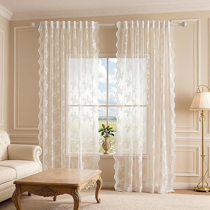 MEETSKY White Lace Sheer Curtains 72 Inch Length Vintage Victorian French Country Floral Light Filtering Back Tab Rod Pocket Window Treatments for Living Room Bedroom, 50" Wide Each Panel, 2 Panels