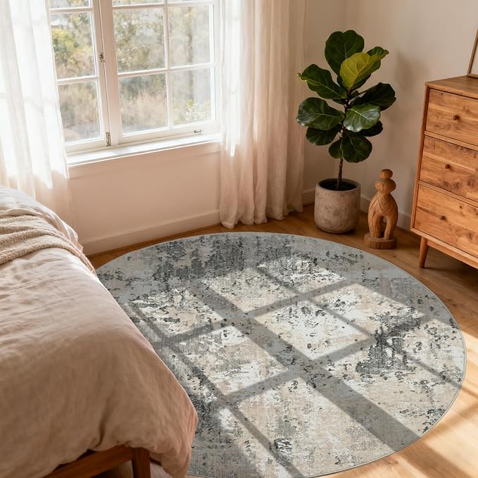 Modern Abstract 6x6 Round Area Rug Non Slip Non Shedding Rug Low Pile Stain Resistant for Bedroom Living Room Office Dining Room,Grey Yellow