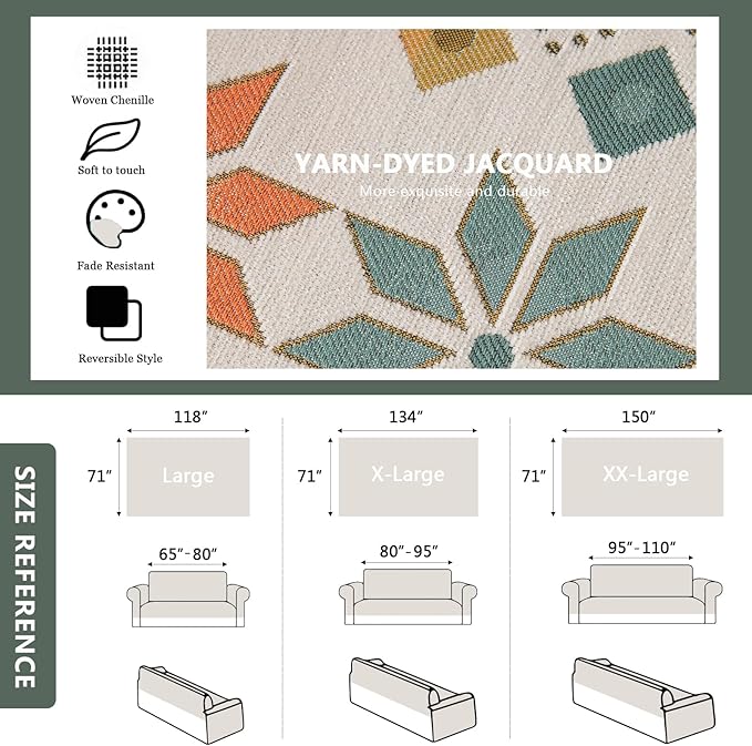 DREAMINGO Beige Chenille Couch Cover Boho Geometric Jacquard for 3 Cushion Sofa Anti Slip Sectional L Shape Slipcover for Dogs Washable, 71"x134"