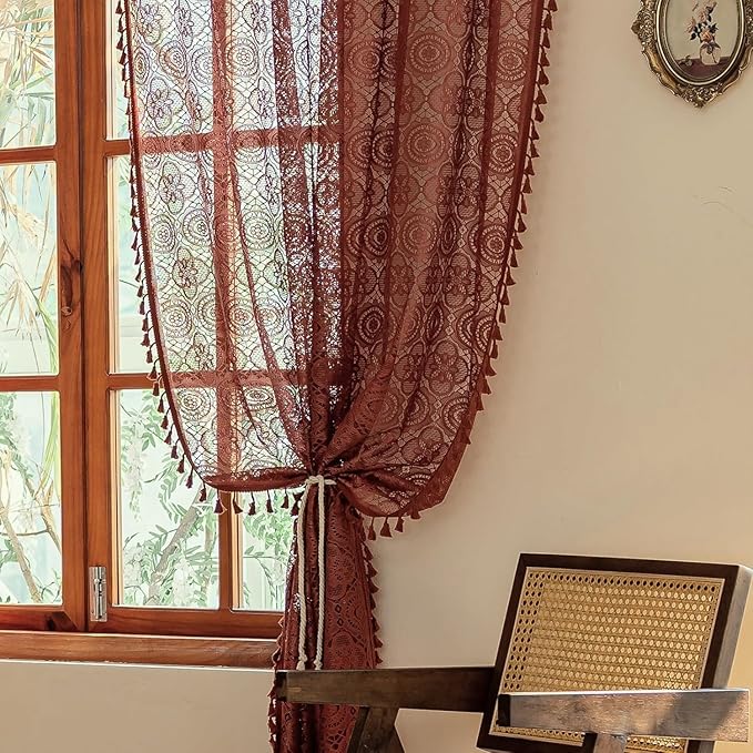 YJ YANJUN Boho Terracotta Sheer Curtains 108 inches Long 2 Panels Vintage Rust Orange Crochet Curtains for Dining Room Living Room Fall Thankgiving 9FT Floor to Ceiling Drapes 59" W x 108" L