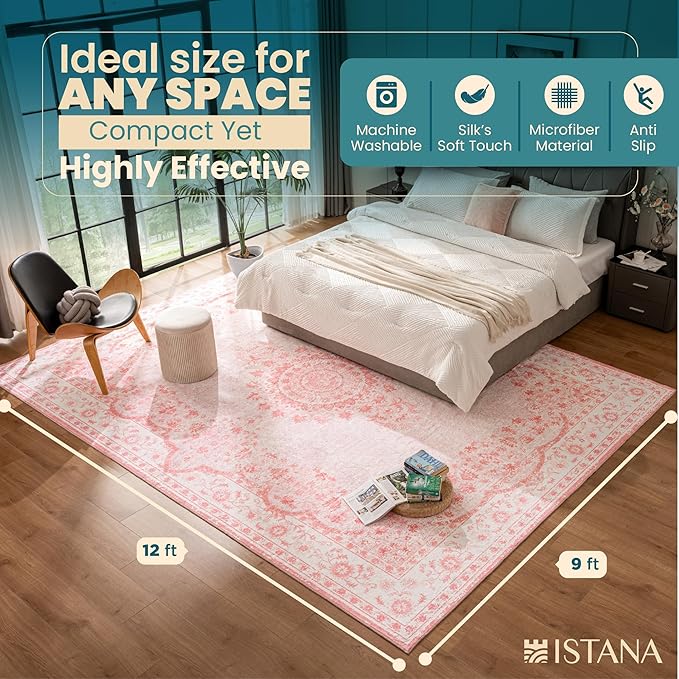 Istana 9x12 Area Rug - Pink 9 x 12 Area Rugs for Living Room - Foldable 9x12 Rugs for Bedroom/Living Room Rug - Stain Resistant Washable & Eco-Friendly Area Rugs