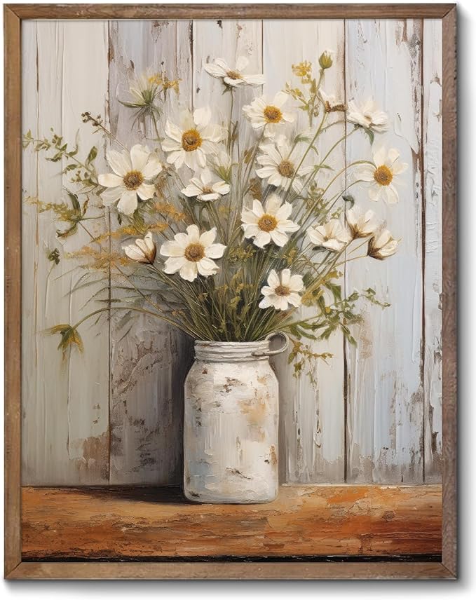 XOCUUI Vintage Canvas Wall Art, Modern Gallery Decor Print White Daisy Flower With Leaf In Bottle Theme Picture Artwork For Walls Ready for Kitchen Bedroom Decor Size 8x10