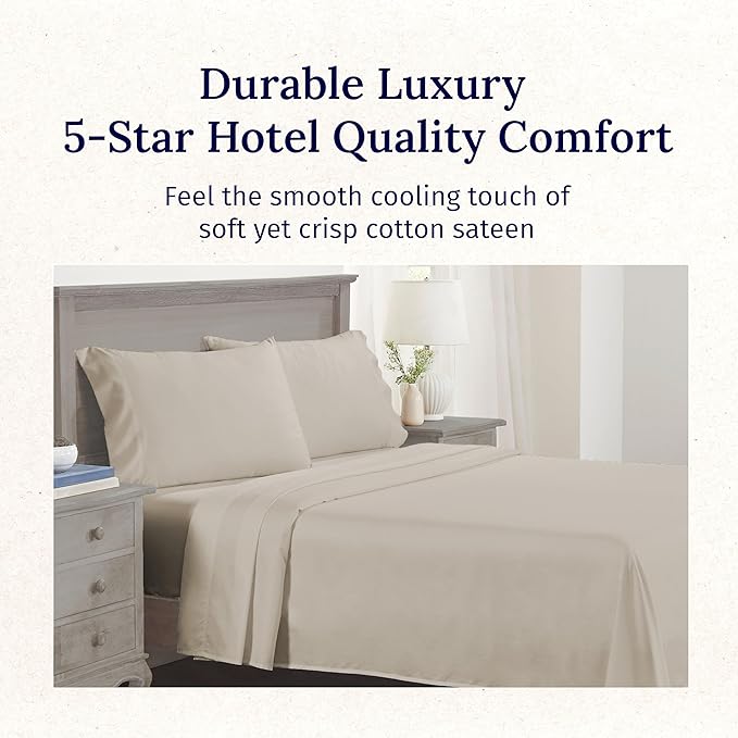 California Design Den Natural 100% Cotton Sheets Twin Size Bed Set - Luxury 600 Thread Count Sateen, Hotel Quality Fully Elasticized Deep Pocket Twin Cotton Sheets, Cool and Durable - Soft Linen