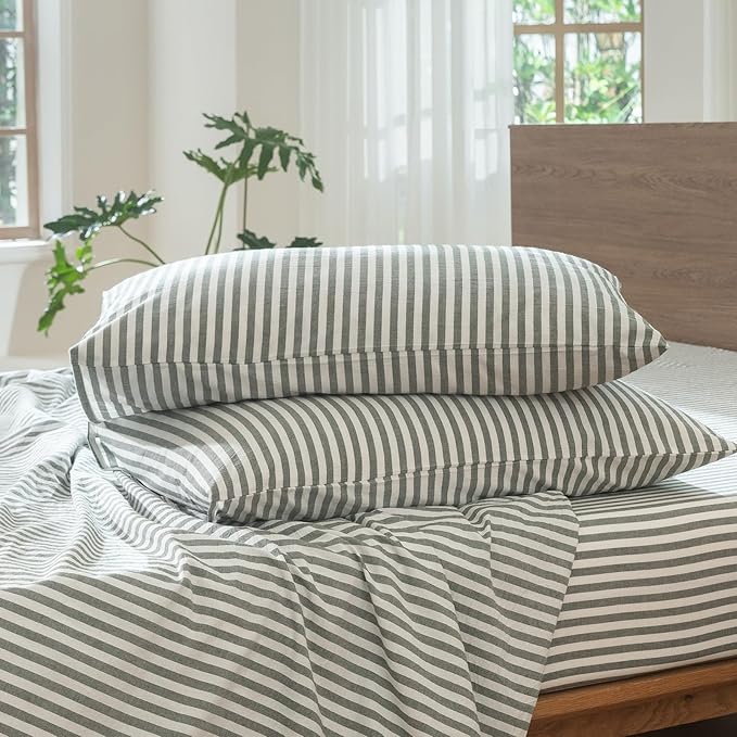 MooMee Striped Duvet Cover Set 100% Washed Cotton Linen Like Textured Breathable Durable Soft Comfy (Heathered Green Classic Stripes, Super Queen 90"x98")