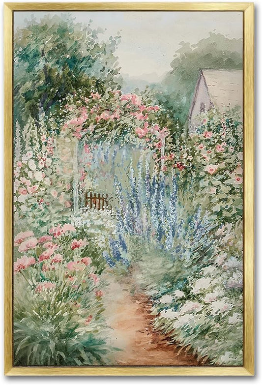 AIMAILON Vintage Gold Canvas Wall Art Framed Decor for Bedroom Living Room Abstract Nature Theme Spring Atmosphere Picture Colorful Flower Cottagecore Print Artwork Desktop Decor 12x18