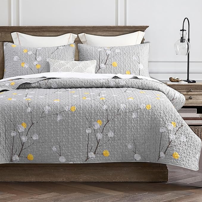 DURLENGEN Floral Quilt Set King Size 3Pcs, Grey Branch with Yellow Turquoise Polka Dot Pattern All Season Lightweight Coverlet Sets(King 106x96, Botanical Grey)