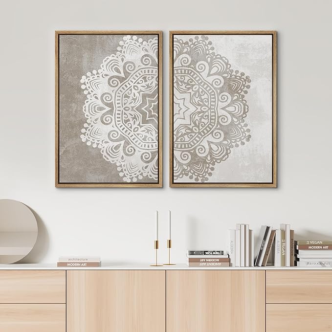 SIGNWIN Framed Canvas Print Wall Art Set Duotone Cultural Indian Mandala Pattern Abstract Shapes Illustrations Modern Art Minimal Boho Relax/Calm for Living Room, Bedroom, Office - 16"x24"x2 Natural