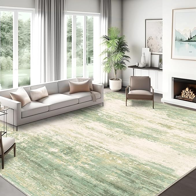 8x10 Modern Abstract Rug Washable Area Rugs for Living Room Bedroom Dining Room Non-Slip Low Pile Neutral Large Rug Soft Indoor Floor Carpet, Green