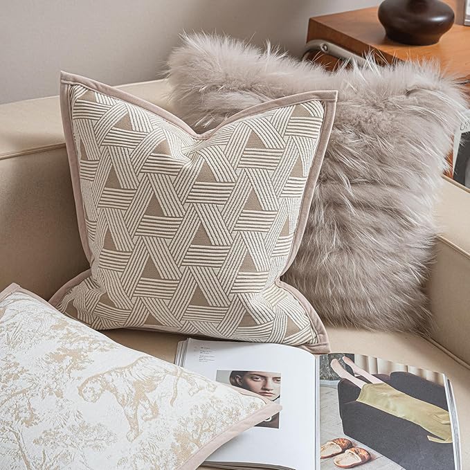 2025 New 22x22'' inches Throw Pillow Cushion Covers - Triangle Pattern with Edge Strip Chenille Jacquard Embroidery Luxury Modern Style Couch Sofa Bed Pillow Cover for Living Room Bedroom