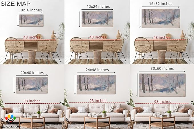 GUTTATY Christmas Winter Scene Canvas Wall Art, Soft Pastel Snowy Forest Landscape Canvas Prints, Tranquil Blue and Lavender Wall Decor for Living Room, Holiday Pictures Poster, 24x12 Inch