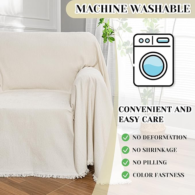 MEETSKY Small Couch Cover Oversized Chair Cover Washable Armchair Sofa Cover for Dog, Couch Protector for Sofa Single Cover, Sofa Throw Cover with Tassel, 71" x 91", Beige