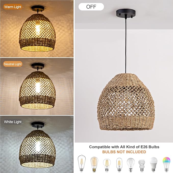 Rustic Rattan Pendant Lights, 13.78" Hand-Woven Farmhouse Light Fixture, Round Ceiling Hanging Chandelier Crafts Lampshade for Kitchen Island Entry Living Room Bedroom Foyer Hallway