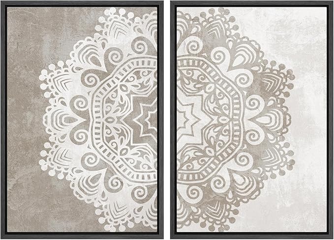 SIGNWIN Framed Canvas Print Wall Art Set Duotone Cultural Indian Mandala Pattern Abstract Shapes Illustrations Modern Art Minimal Boho Relax/Calm for Living Room, Bedroom, Office - 24"x36"x2 Black