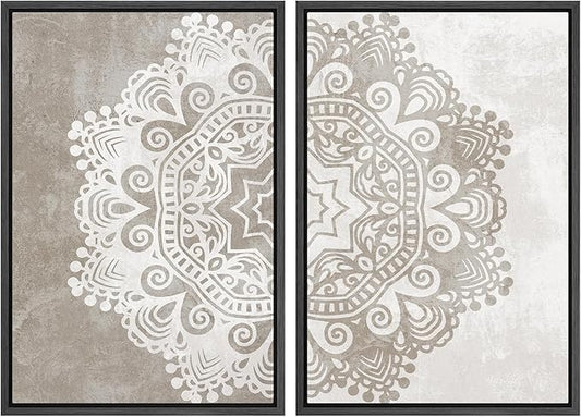 SIGNWIN Framed Canvas Print Wall Art Set Duotone Cultural Indian Mandala Pattern Abstract Shapes Illustrations Modern Art Minimal Boho Relax/Calm for Living Room, Bedroom, Office - 16"x24"x2 Black