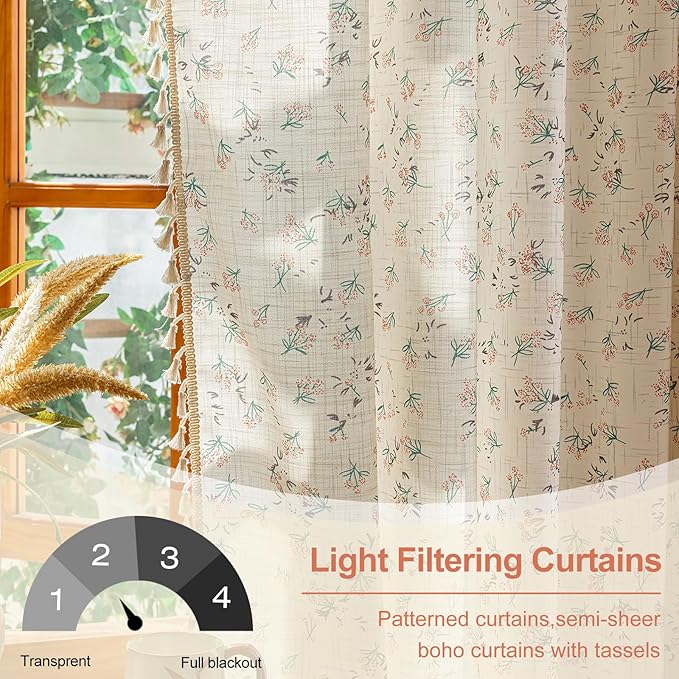 OYX Boho Floral Curtains 96 Inch Length 2 Panels for Living Room, Bedroom Light Filtering Drapes, Farmhouse Vintage Country French Rustic Tassels Pattern Rod Pocket Aesthetic Decor Window Treatments
