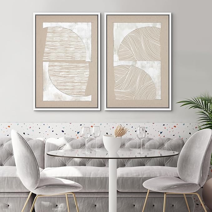 SIGNWIN Framed Canvas Print Wall Art Set Grunge Tan White Art Deco Polygons Abstract Shapes Illustrations Minimal Decorative Nordic Zen Bohemian for Living Room, Bedroom, Office - 16"x24"x2 White