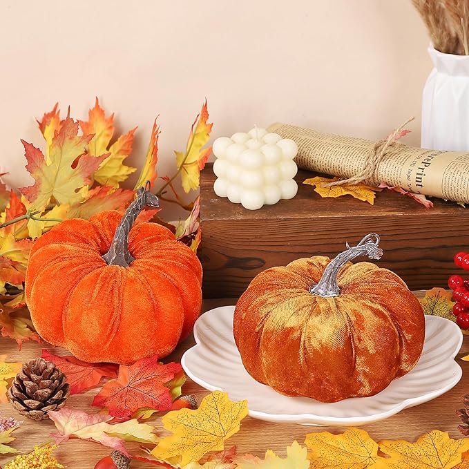 2pcs Velvet Fake Pumpkins Fall Harvest Fabric Foam Pumpkin Thanksgiving Halloween Decor for Table Centerpiece Wedding Farmhouse (2, Orange Gold, M)
