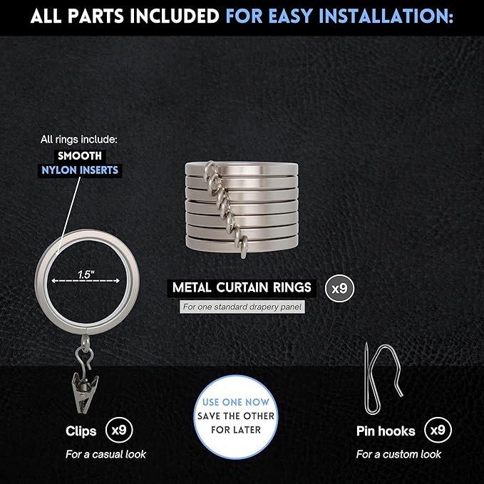 BlastHome® Luxury Curtain Rings - Premium Metal with Quiet, Smooth Nylon Inserts - Pinhooks and Clips Included - 1 1/2" Inside Diameter - 9 Rings for One Standard Curtain - Brushed Nickel