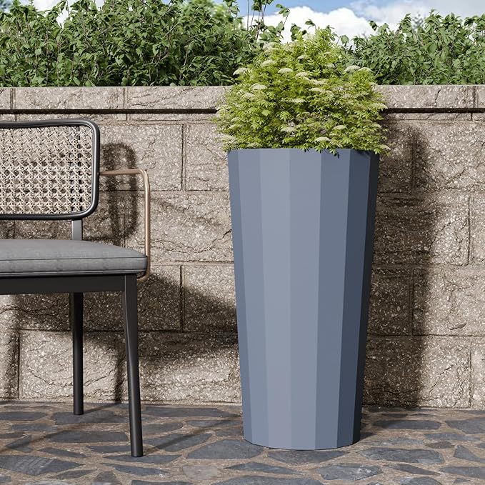 2PCS Tall Planters for Outdoor Plants, 23.6 Inches Large Outdoor Conical Flower Pots for Porch with Drainage Holes and Drainage Baffle, Tapered Large Planters for Garden, Balcony Use, Grey