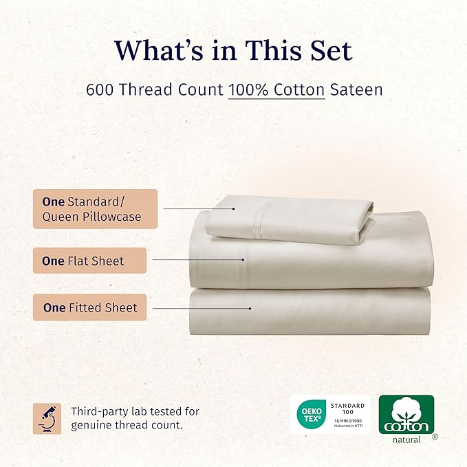 California Design Den Luxury Twin XL Sheet Set - 100% Cotton, 600 Thread Count Deep Pocket XL Twin Sheets, Soft Hotel-Quality Bedding with Sateen Weave - Ivory (Warm Cream)