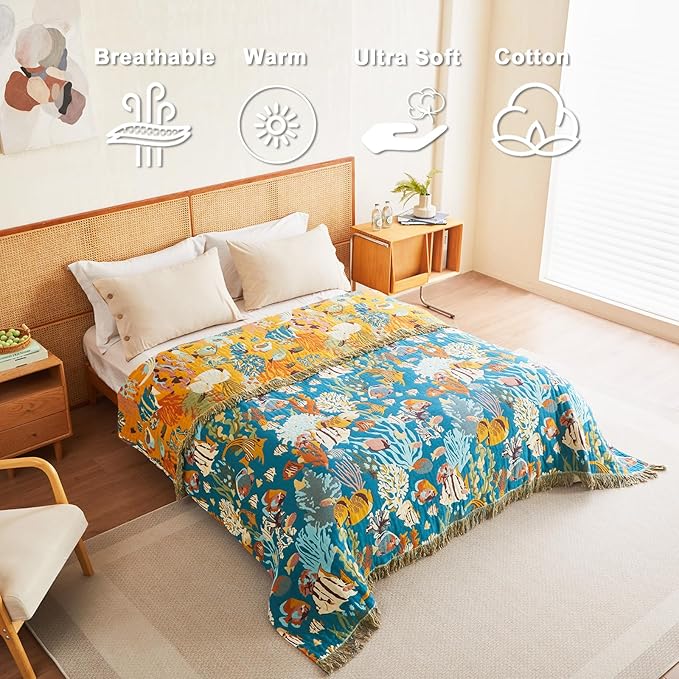 Throw Blanket for Couch Sofa 100% Cotton Blankets for Bedroom Living Room Soft All Season Reversible Underwater Ocean Life Embroidery Throws Coastal Home Decor 50"x60"