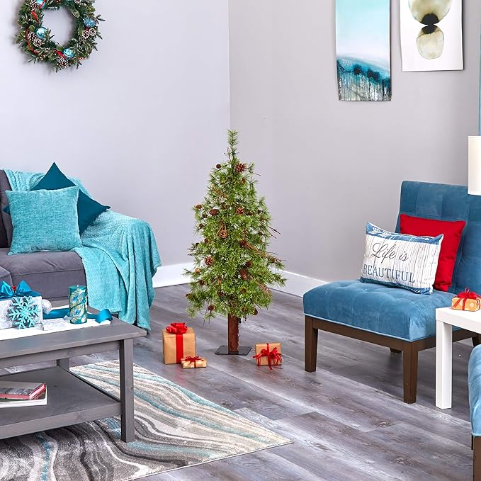 Nearly Natural 4ft. Wyoming Alpine Artificial Christmas Tree with 50 Clear (Multifunction) LED Lights and Pine Cones on Natural Trunk