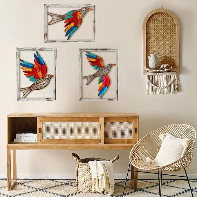 Newinhome Boho Metal Wall Art Birds,Wall Decor Colorful Bird 3 Pieces, Rustic Bird Wall Art,Farmhouse Home Wall Decor for Living Room Bedroom Bathroom house warming gift