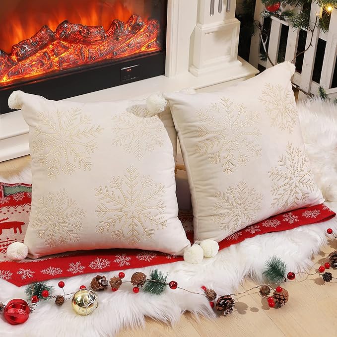Lewondr Christmas Throw Pillow Covers, Snowflake Embroidery 18x18 Pillowcases Home Xmas Gold Decorative 2 Pack Cushion Covers Soft for Sofa Bed Chair, White&Yellow