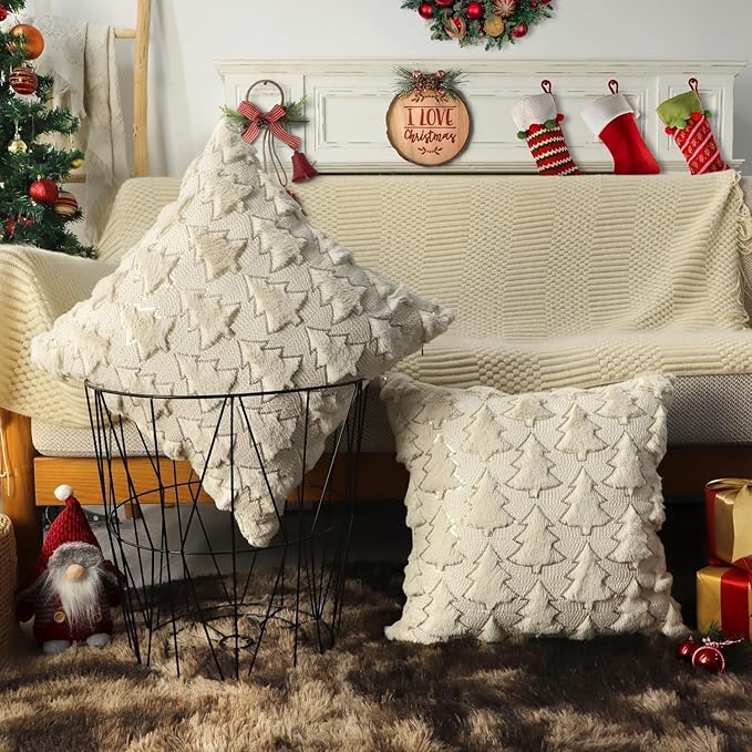 Christmas Throw Pillow Covers Christmas Decorations Set of 2 Xmas Tree 18x18 Pillow Covers Soft Plush Faux Wool Pillow Cases Holiday Winter Decor Sofa Couch Bed