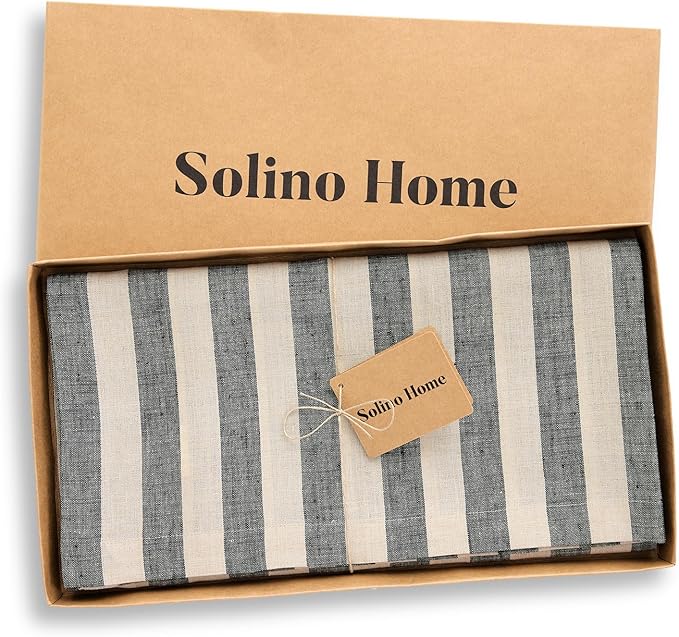 Solino Home Linen Square Tablecloth 52 x 52 Inch - Sorrento Stripe, 100% Pure Linen Black and Natural Table Throw - Machine Washable Tablecloth for Fall, Autumn, Thanksgiving
