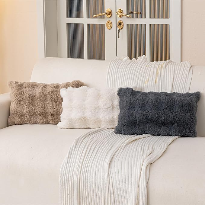 Faux Fur Throw Pillow Covers(Pack of Two, Dark Grey) 18×20 Inch Decorative Pillows Cover Neutral Soft Chenille Couch Pillows with Zipper Aesthetic for Living Room and Bedroom