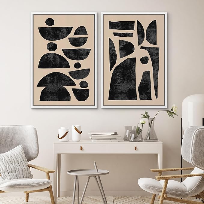 SIGNWIN Framed Canvas Print Wall Art Set Mid-Century Semi-Circle Polygons Variety Abstract Shapes Illustrations Modern Art Minimal Boho for Living Room, Bedroom, Office - 24"x36"x2 White