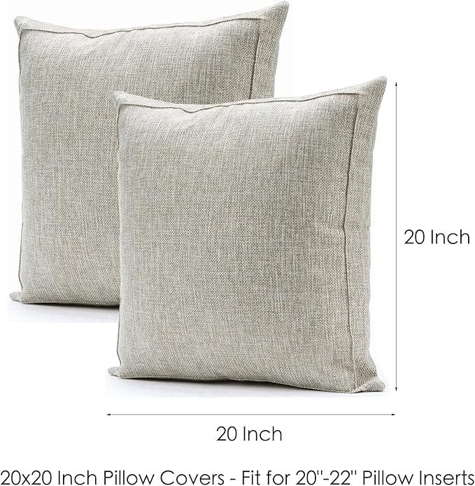 Jepeak 20x20 Inch Burlap Linen Throw Pillow Covers, Pack of 2 Decorative Farmhouse Rustic Neutral Pillow Covers Square Durable Cushion Cover for Sofa Couch Bed Home Decor, Beige/Khaki Threads