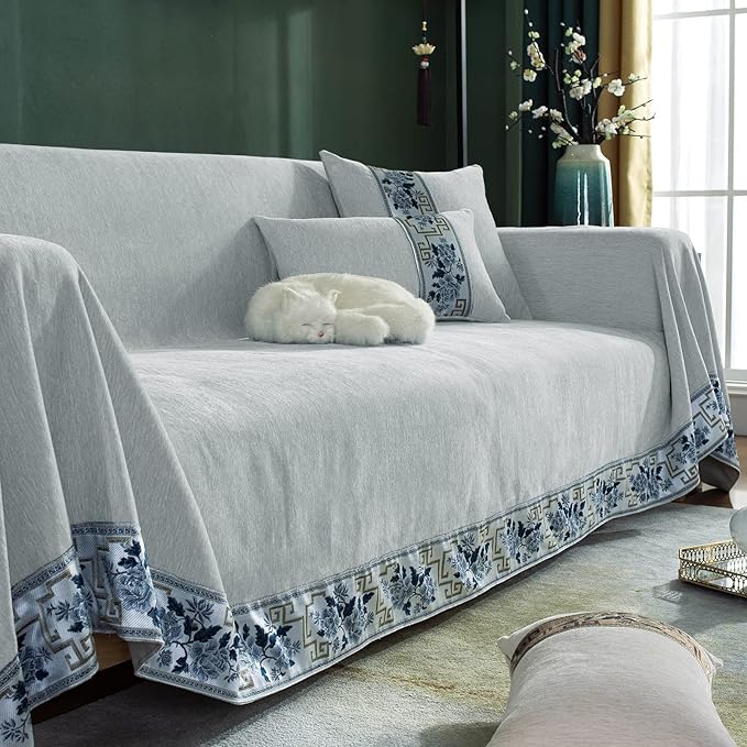 DREAMINGO Couch Protector Light Grey Sofa Covers for Dogs Solid Color Modern 3 Cushion Couch Covers for Sofa Pet Friendly Chenille Slipcovers for Sectional Washable, XX-Large 71"x150"