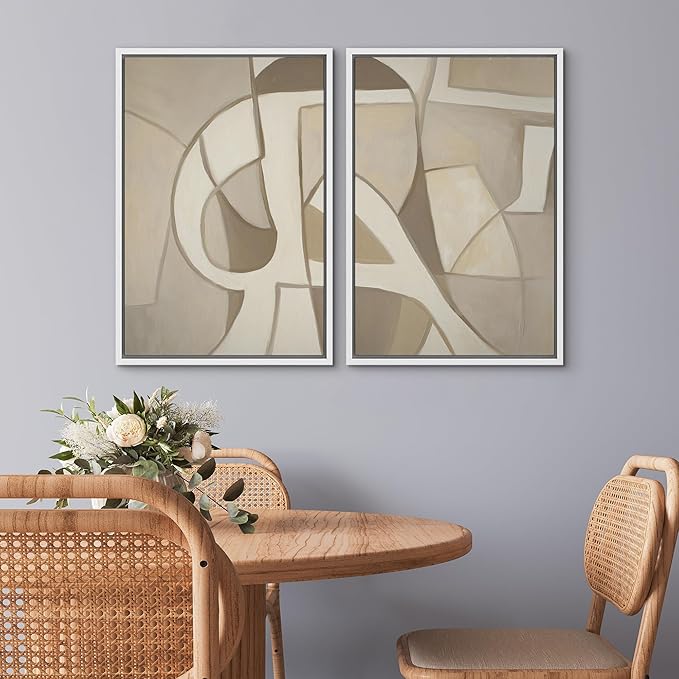 SIGNWIN Framed Canvas Print Wall Art Set Neutral Abstract Geometric Modern Minimalist Beige and Cream Illustrations Minimal Decorative Zen Bohemian for Living Room, Bedroom, Office - 24"x36"x2 White