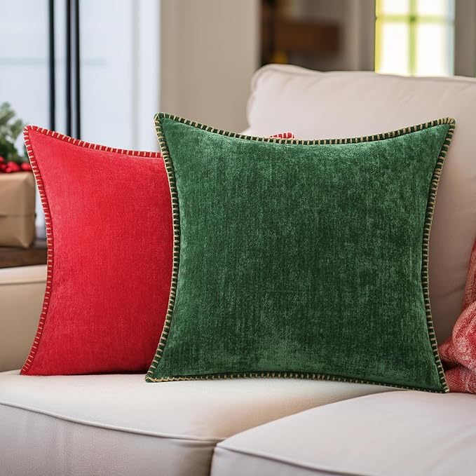 decorUhome Christmas Chenille Soft Throw Pillow Covers 22x22 Set of 2, Farmhouse Velvet Neutral Decorative Euro Pillow Covers with Stitched Edge for Couch Sofa Bed Home Decor, Green