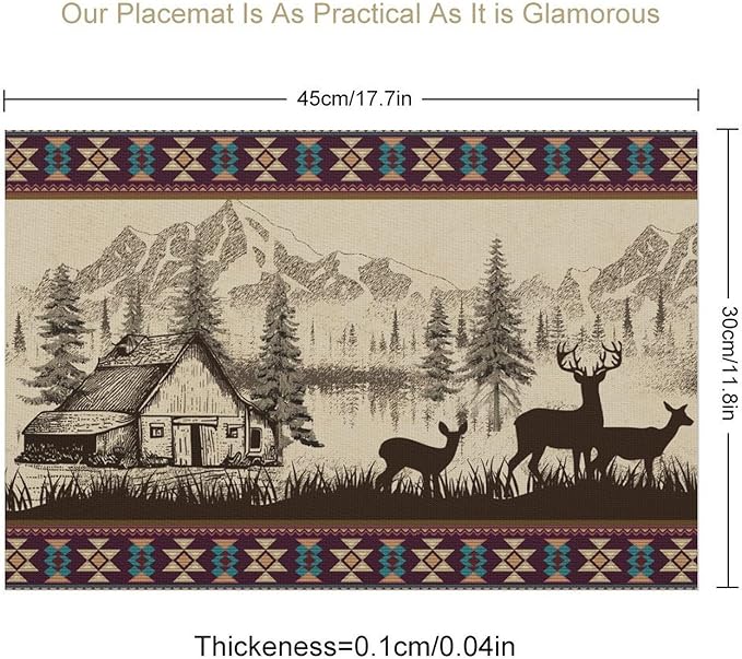 Rustic Animal Placemat Set of 4, 12x18 Inch Vintage Bear Deer Wild Animal Aztec Forest Pine Tree Cabin Country Lodge Coffee Table Mats for Outdoor Kitchen Dining Table Decoration