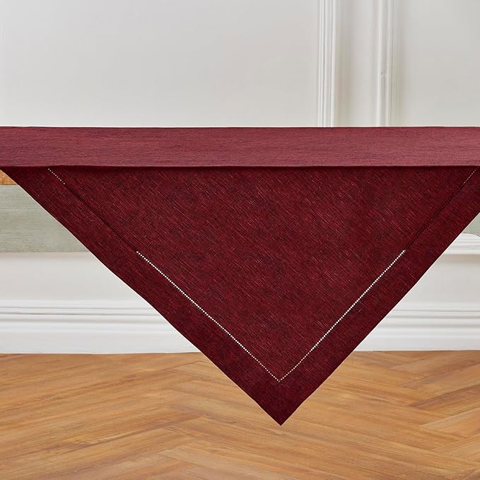 Solino Home Linen Square Tablecloth 52 x 52 Inch - 100% Pure Linen Red Garnet Table Throw - Milan Hemstitch, Machine Washable Table Cloth for Fall, Autumn, Thanksgiving, Christmas, Holiday, Winter