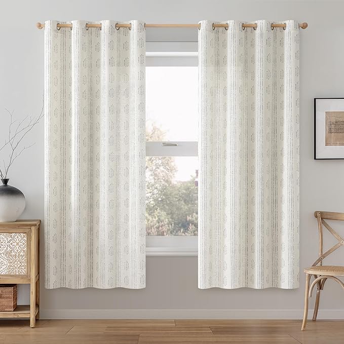Boho Linen Curtains for Bedroom Living Room Grey Farmhouse Boho Curtains 63 Inch Length Geometric Striped Patterned Mudcloth Grommet Top Light Filtering Window Drapes 2 Panels Gray on Beige