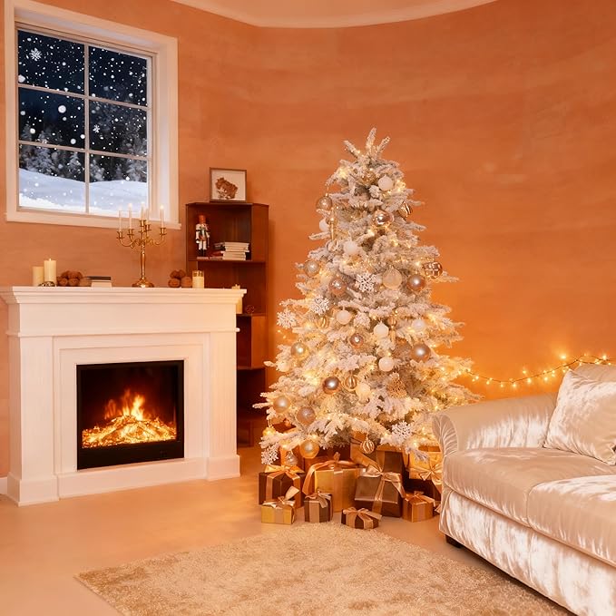 6ft Snow Flocked Prelit Christmas Tree Decorations with 200 Dual-Color LED Lights, Lighted Artificial White Xmas Tree for Indoor Decor,Mantel & Entryway with 1382 Tips, Metal Stand,Plug-in