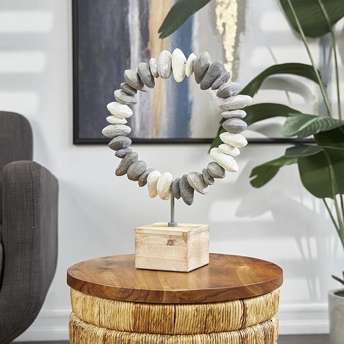 Deco 79 Metal Abstract Decorative Sculpture Circular Stone Home Decor Statue with Brown Wooden Base, Accent Figurine 11" x 4" x 14", Gray