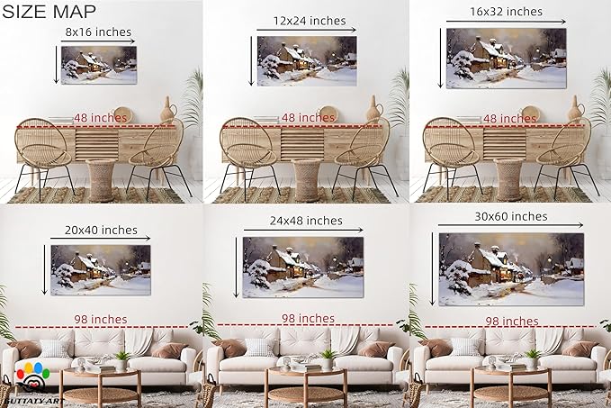 GUTTATY Christmas Winter Scene Canvas Wall Art, Snowy Village Canvas Prints, Cozy Town Holiday Picture Wall Decor, Rustic Winter Landscape Poster for Living Room Bedroom, 16x8 Inch