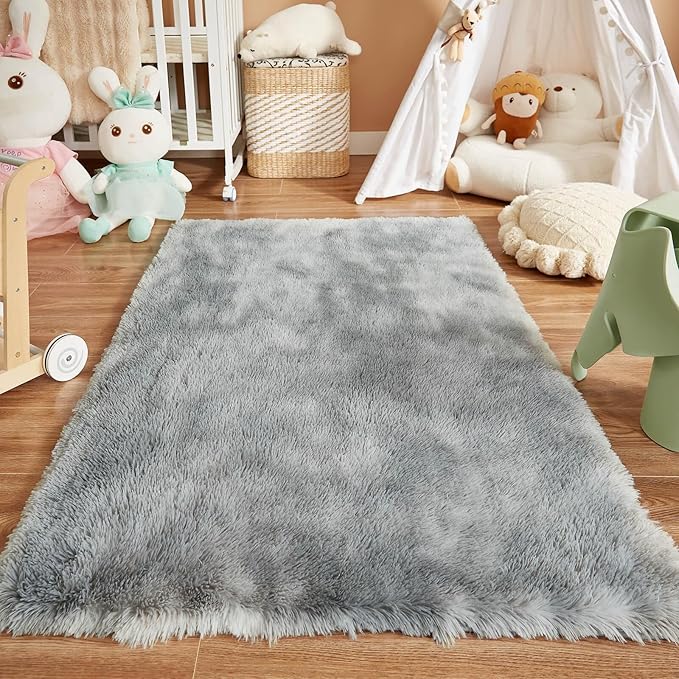 Floralux Rugs for Bedroom 3x5, Tie-Dyed Light Grey Area Rug for Living Room, Fluffy Shag Carpets, Non-Slip Indoor Floor Carpet for Kids Girls and Boys, Preppy Dorms, Nursery, Home Decor Aesthetic