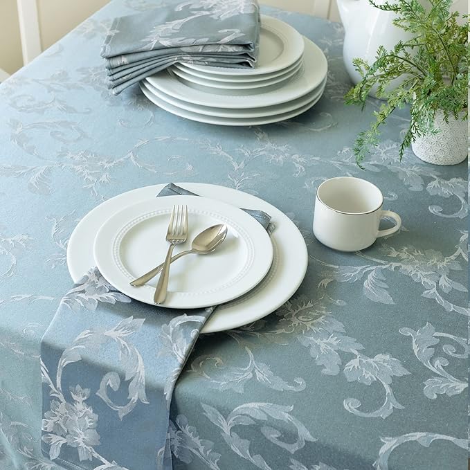 Benson Mills Harmony Scroll Woven Damask Fabric Tablecloth, Everyday, Parties, Special Occasions, Weddings and Holiday Table Cloth (60" X 144" Rectangular, Silver – Blue)