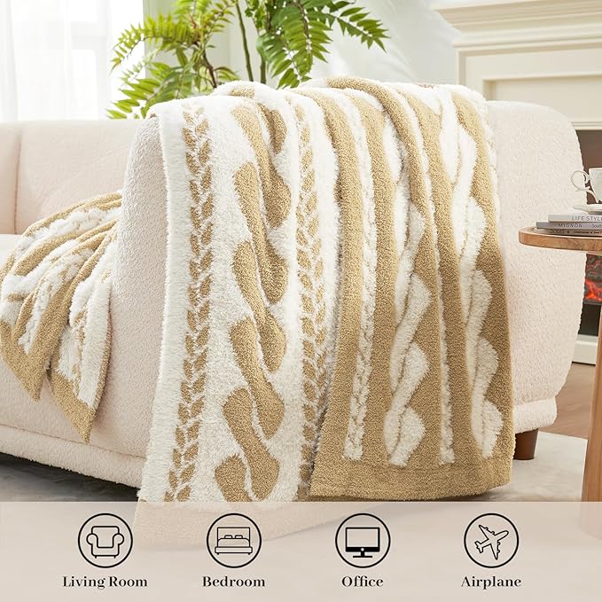 Amélie Home Cable Knit Throw Blanket for Couch, Bicolour Super Soft Fuzzy Blanket for Sofa, Luxury Cozy Fluffy Throw for Room Decor, 50" x 60", Cable Beige & White