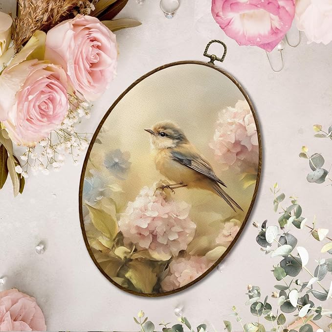 JQF Vintage Bird Hydrangea Oval Wall Art, Floral Rustic Cottagecore Pink Hydrangea Oval Canvas Wall Art, Retro Flower Bird Framed Prints Hanging Decor for Home Bedroom Living Room, 8.5x11.5 Inch