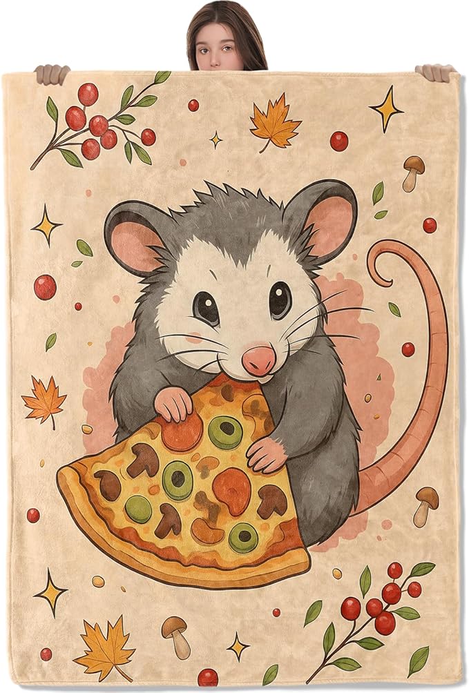 Cute Opossum Flannel Throw Blanket, 40"x50", Funny Animal and Pizza, Soft Warm Lightweight Blankets, Machine Washable, Adults Kids Gifts, Outdoor Indoor Travel Hiking Nap Throw, Home Decorate